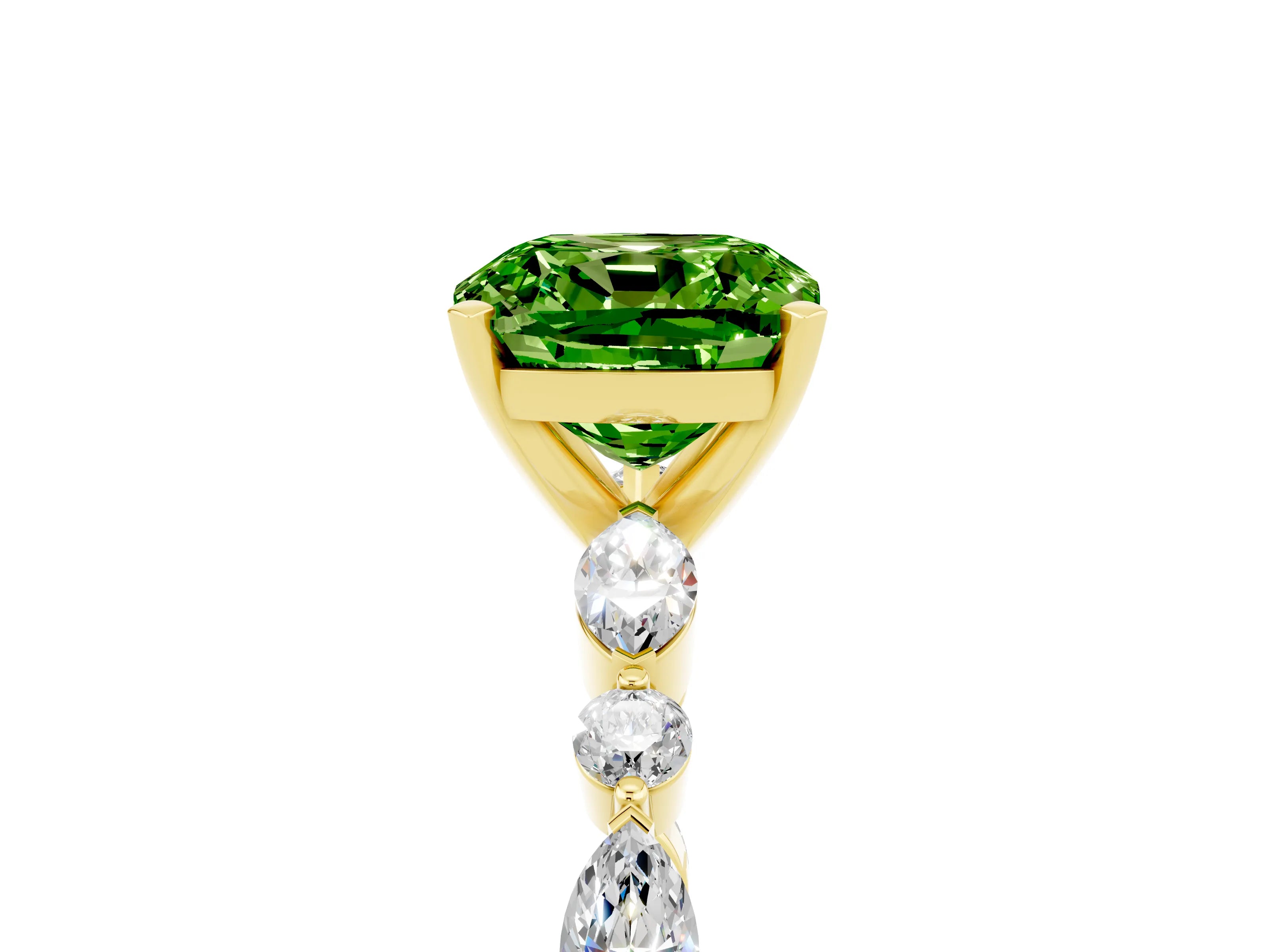 Yellow gold Cushion Cut Peridot Solitaire with Side Stones on a Pavé Band and Four-Prong Setting_5