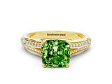 Yellow gold Cushion Cut Peridot Split Shank Engagement Ring with Pavé Band