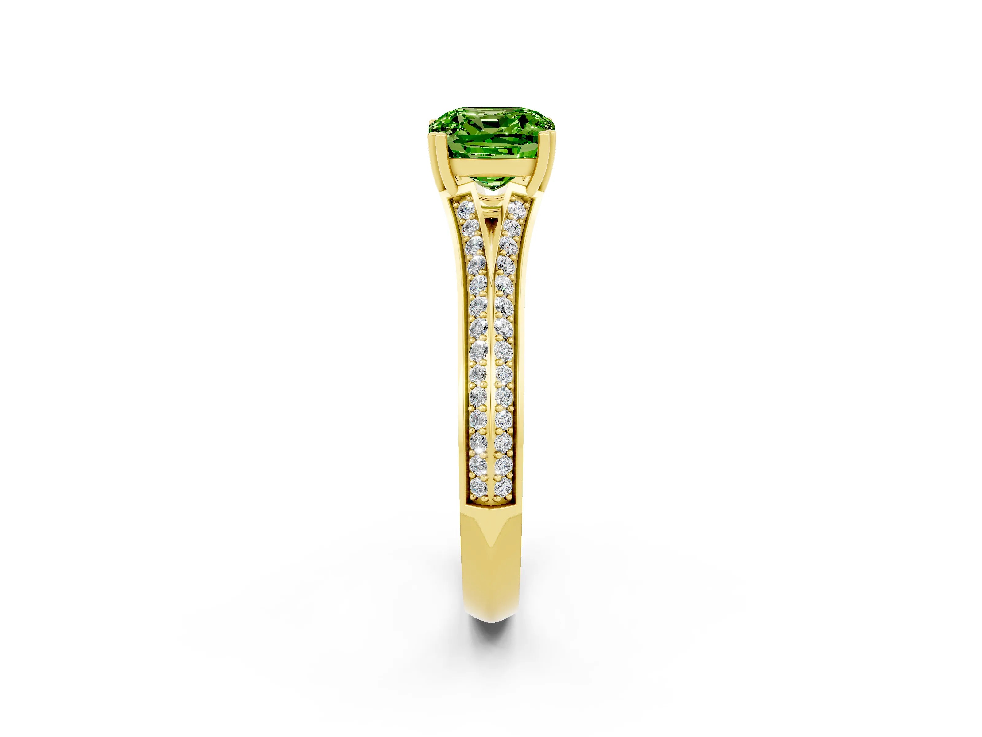Yellow gold Cushion Cut Peridot Split Shank Engagement Ring with Pavé Band_2