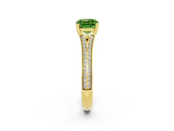 Yellow gold Cushion Cut Peridot Split Shank Engagement Ring with Pavé Band