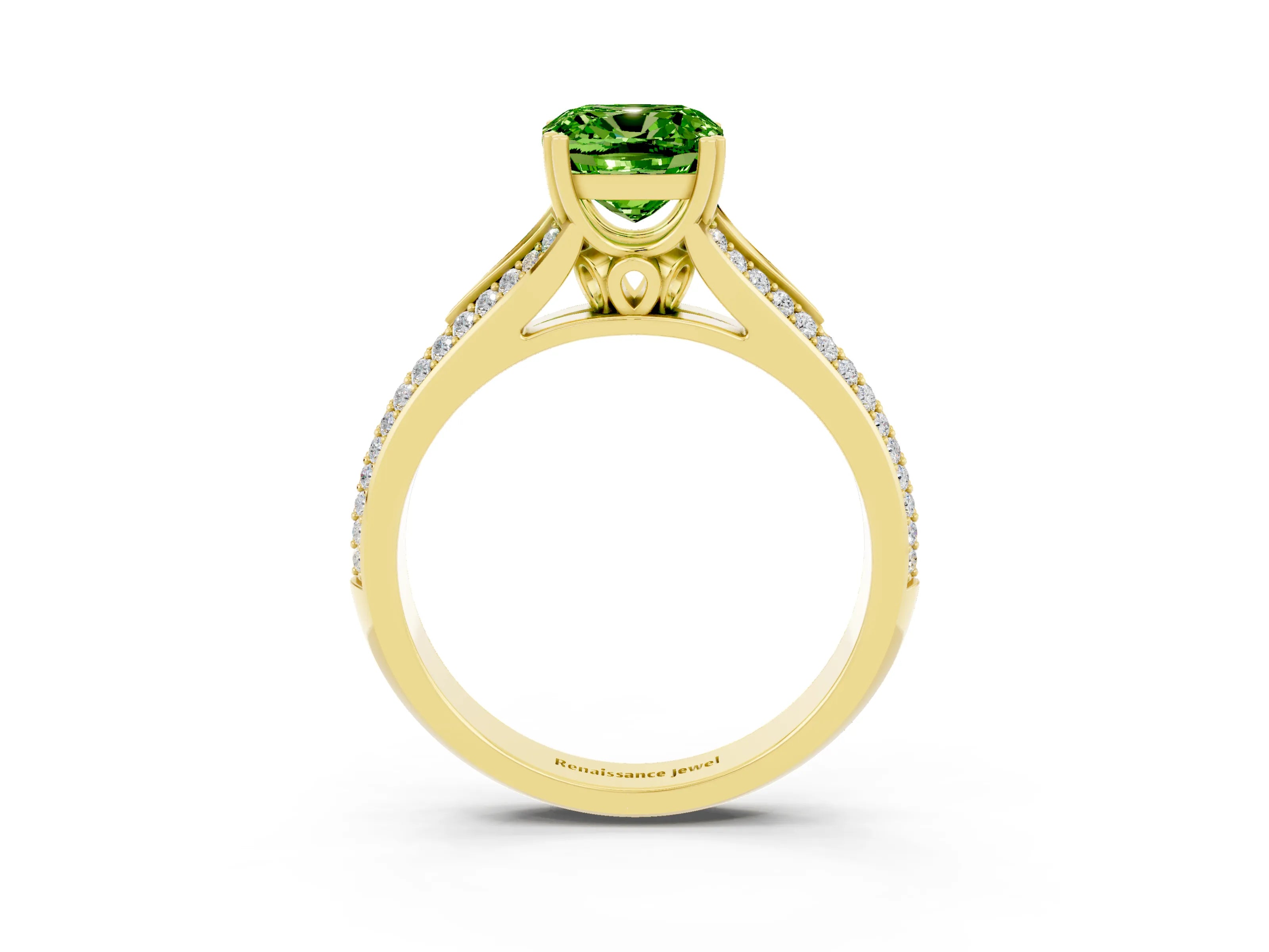 Yellow gold Cushion Cut Peridot Split Shank Engagement Ring with Pavé Band_3
