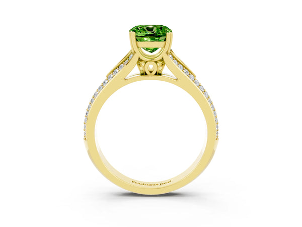 Yellow gold Cushion Cut Peridot Split Shank Engagement Ring with Pavé Band