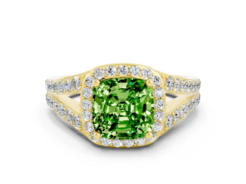 Yellow gold Cushion Cut Peridot Split Shank Halo Ring with Four-Prong Setting_12
