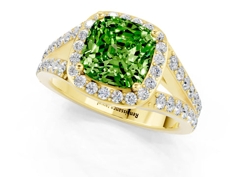 Yellow gold Cushion Cut Peridot Split Shank Halo Ring with Four-Prong Setting_13