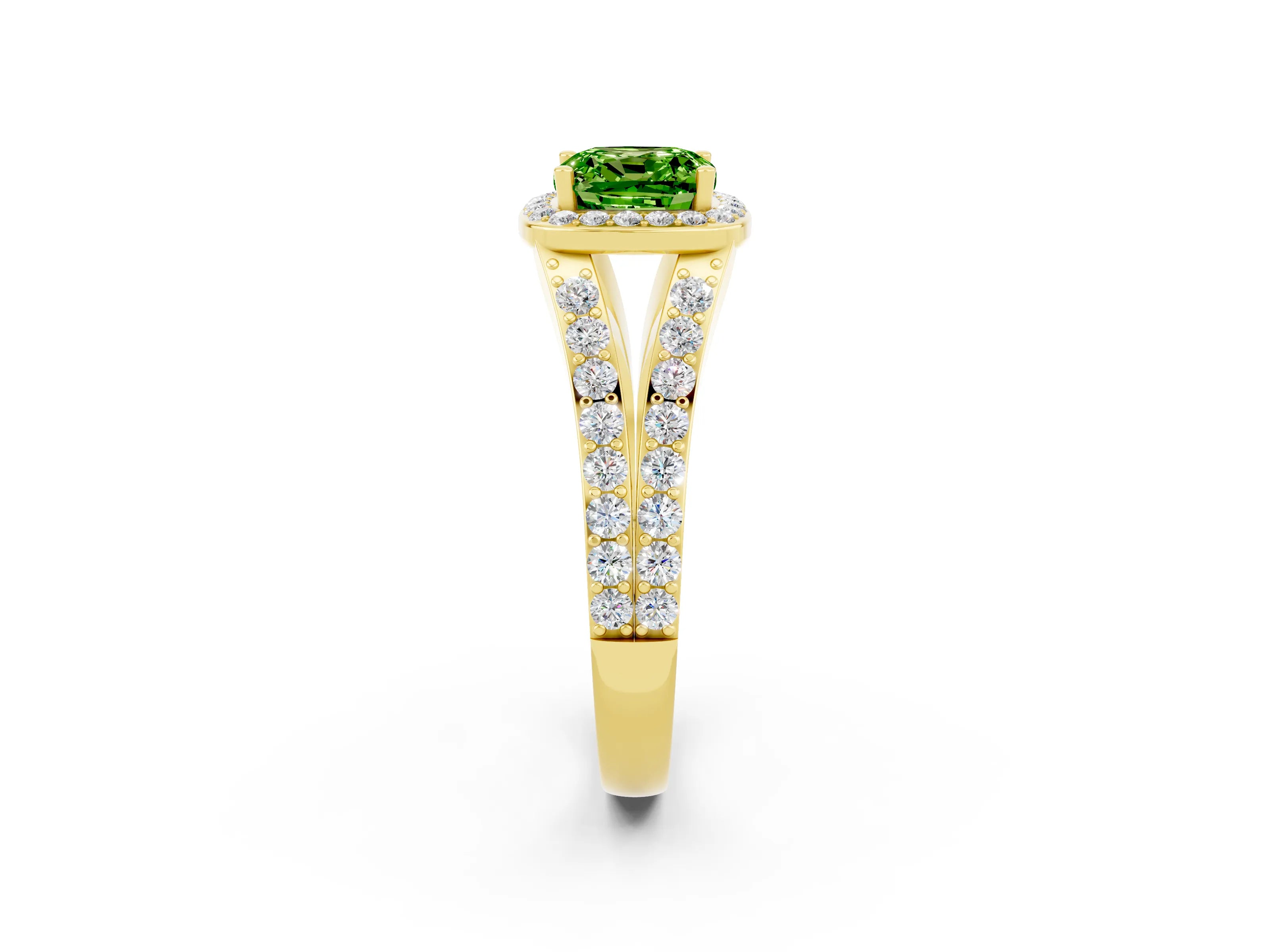 Yellow gold Cushion Cut Peridot Split Shank Halo Ring with Four-Prong Setting_14