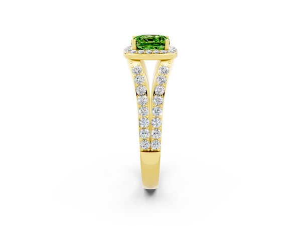 Yellow gold Cushion Cut Peridot Split Shank Halo Ring with Four-Prong Setting