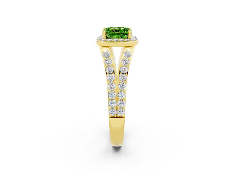 Yellow gold Cushion Cut Peridot Split Shank Halo Ring with Four-Prong Setting_14