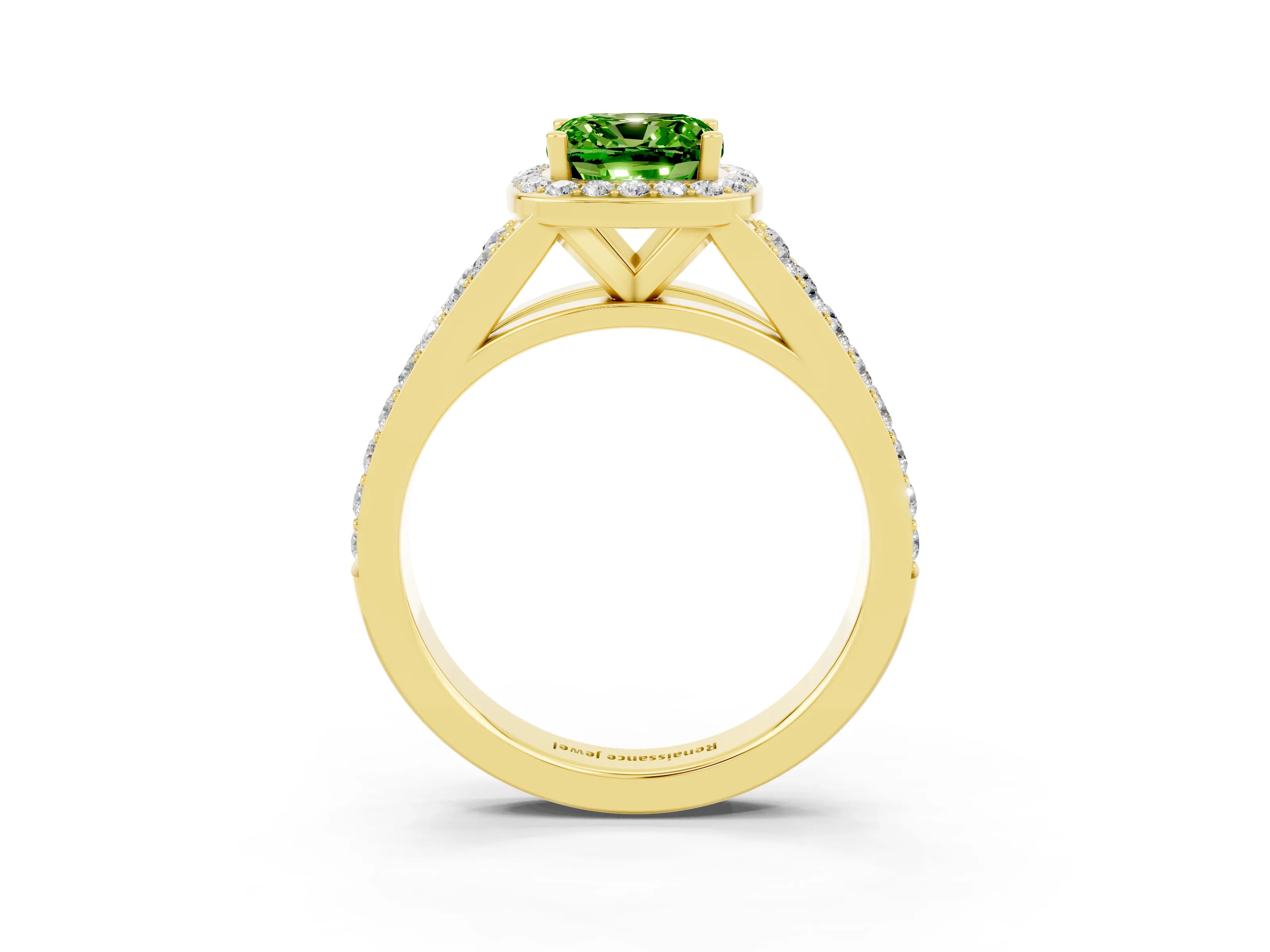Yellow gold Cushion Cut Peridot Split Shank Halo Ring with Four-Prong Setting_15