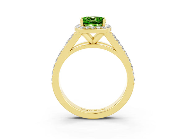 Yellow gold Cushion Cut Peridot Split Shank Halo Ring with Four-Prong Setting