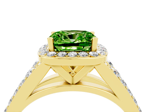 Yellow gold Cushion Cut Peridot Split Shank Halo Ring with Four-Prong Setting_16