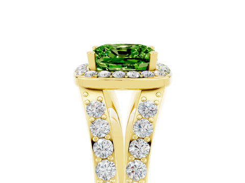 Yellow gold Cushion Cut Peridot Split Shank Halo Ring with Four-Prong Setting_17