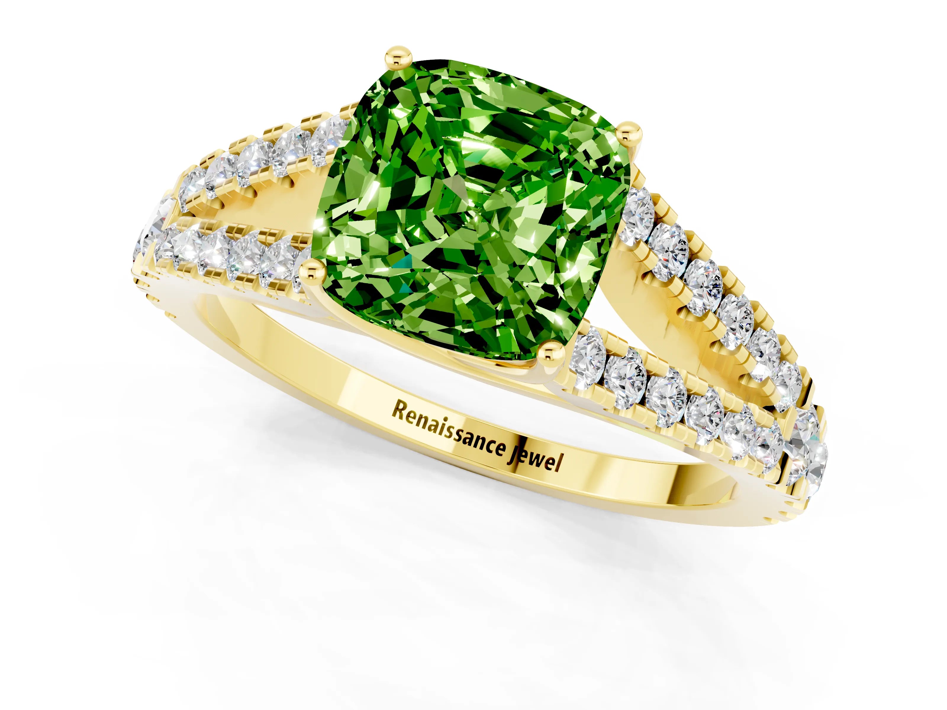 Yellow gold Cushion Cut Peridot Split Shank Pavé Engagement Ring with Four-Prong Setting_13