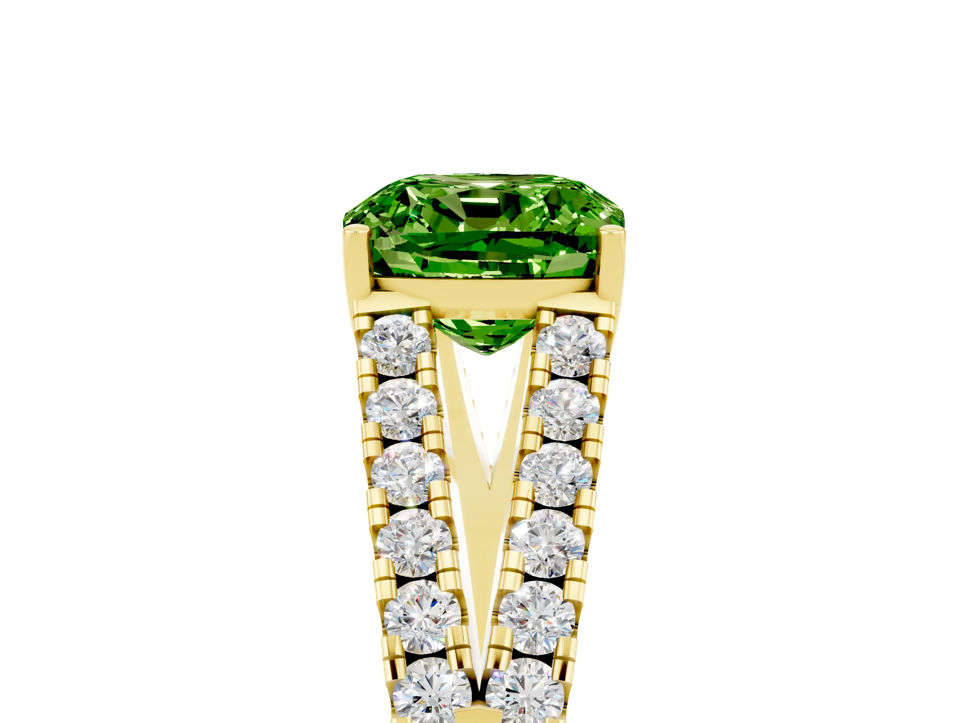 Yellow gold Cushion Cut Peridot Split Shank Pavé Engagement Ring with Four-Prong Setting_17