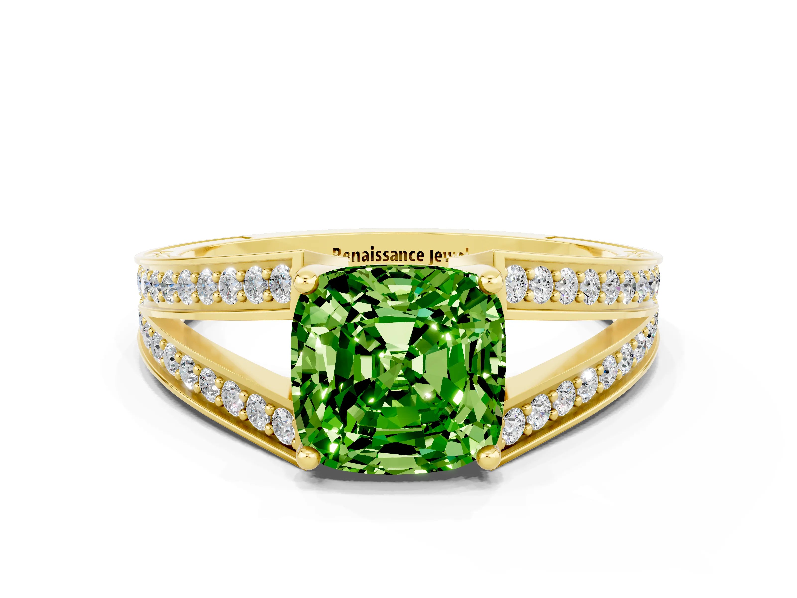 Yellow gold Cushion Cut Peridot Split Shank Ring with Pavé Band and Four-Prong Setting