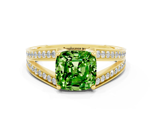 Yellow gold Cushion Cut Peridot Split Shank Ring with Pavé Band and Four-Prong Setting