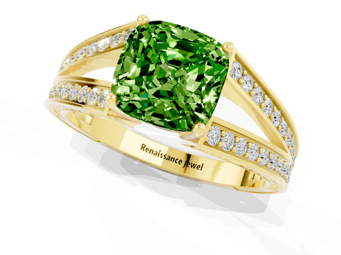 Yellow gold Cushion Cut Peridot Split Shank Ring with Pavé Band and Four-Prong Setting_1