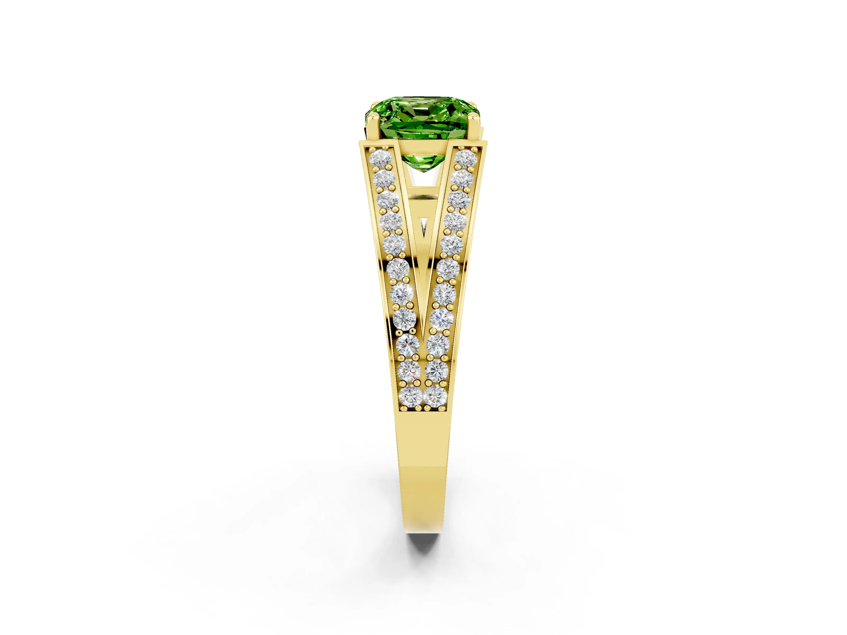 Yellow gold Cushion Cut Peridot Split Shank Ring with Pavé Band and Four-Prong Setting_2