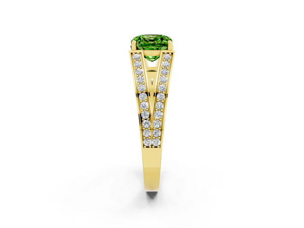Yellow gold Cushion Cut Peridot Split Shank Ring with Pavé Band and Four-Prong Setting