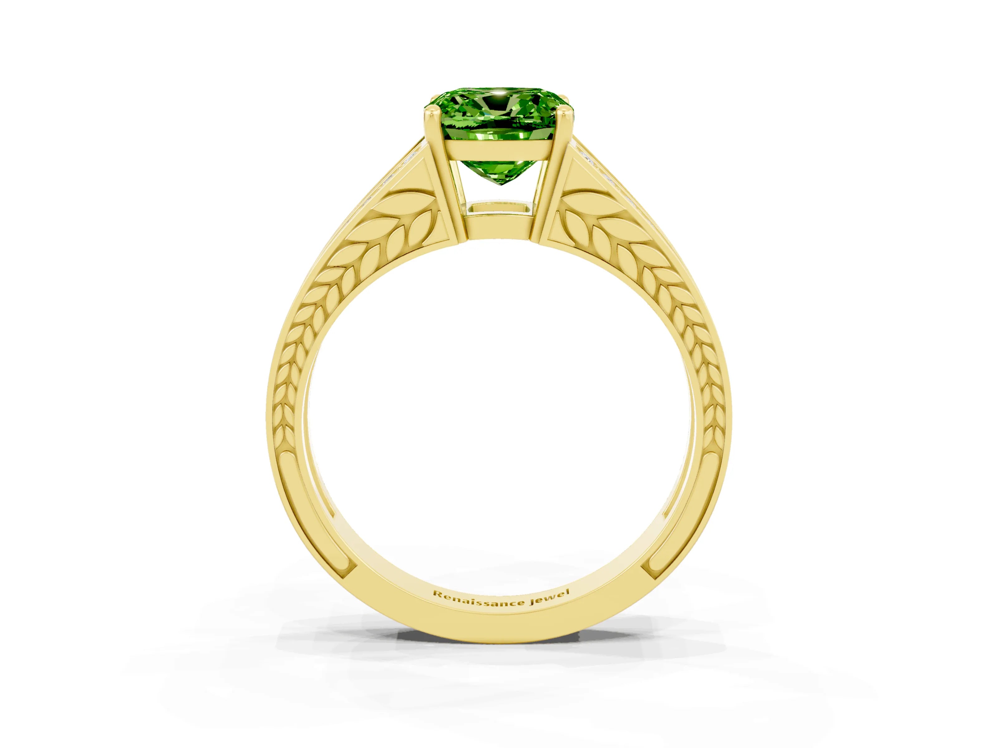 Yellow gold Cushion Cut Peridot Split Shank Ring with Pavé Band and Four-Prong Setting_3