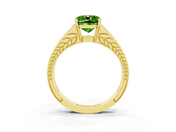 Yellow gold Cushion Cut Peridot Split Shank Ring with Pavé Band and Four-Prong Setting