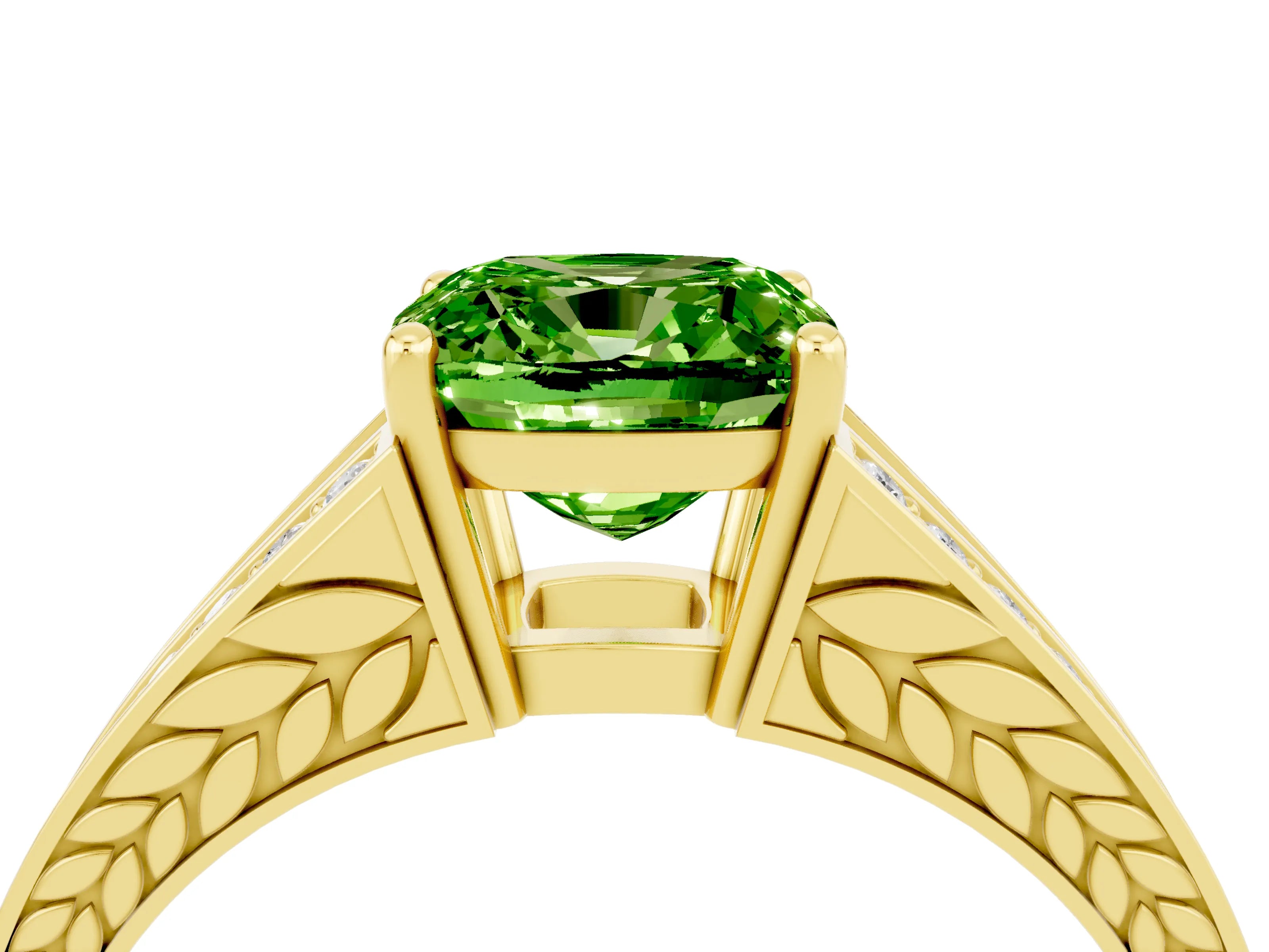 Yellow gold Cushion Cut Peridot Split Shank Ring with Pavé Band and Four-Prong Setting_4
