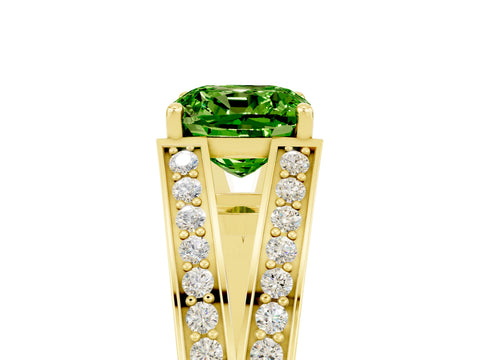 Yellow gold Cushion Cut Peridot Split Shank Ring with Pavé Band and Four-Prong Setting_5