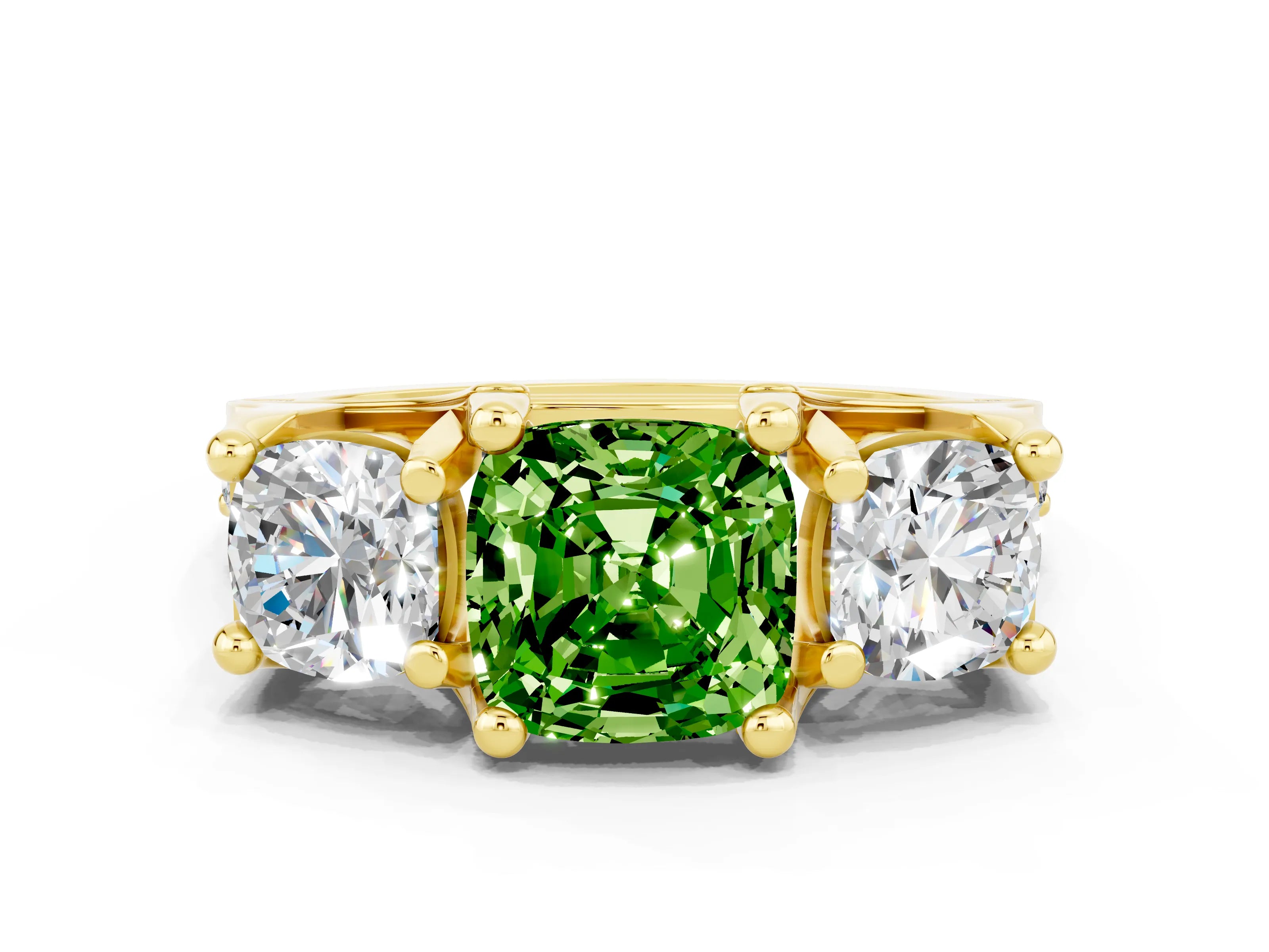 Yellow gold Cushion Cut Peridot Three-Stone Ring with Channel Set Band and Four-Prong Setting