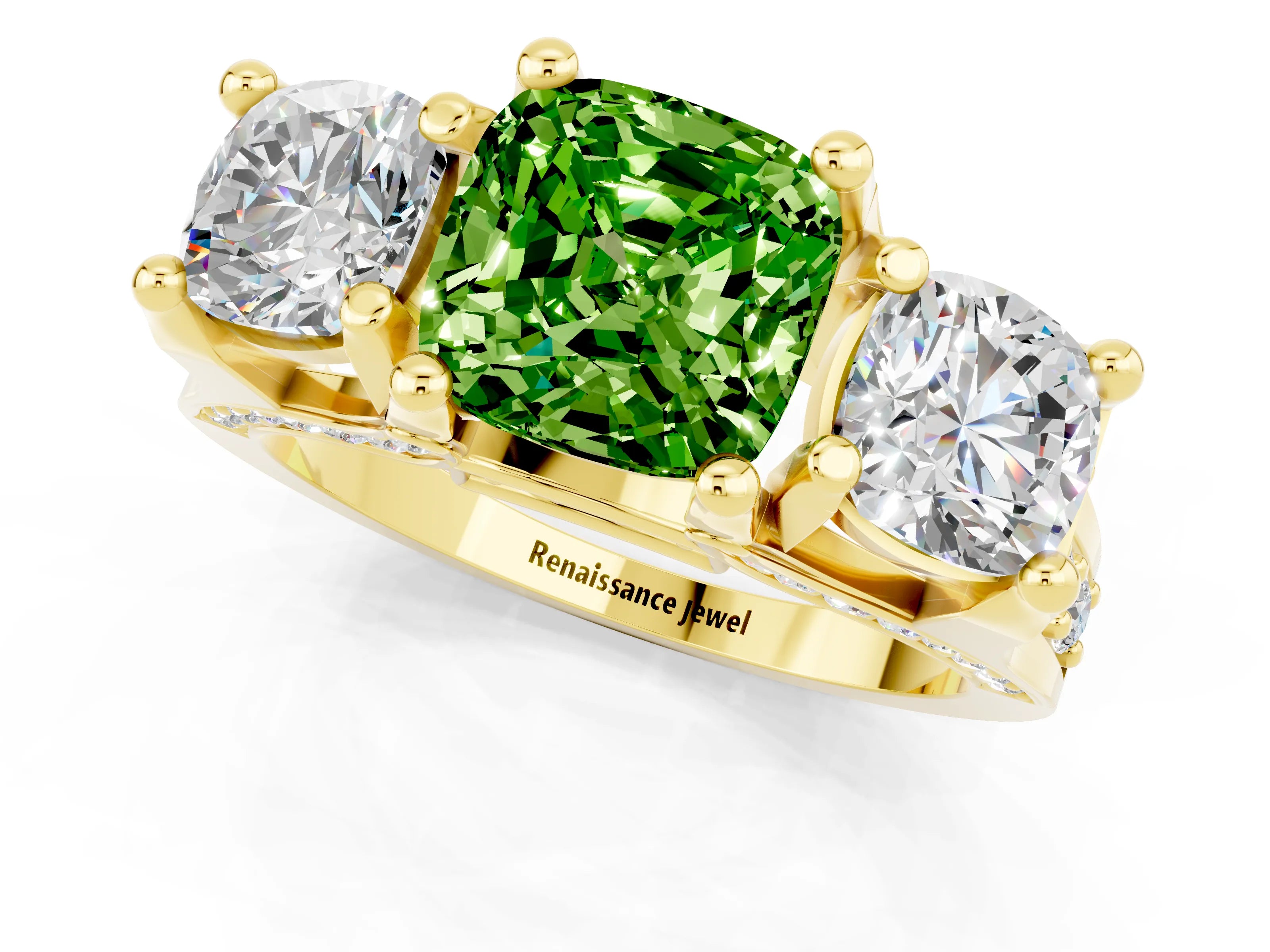 Yellow gold Cushion Cut Peridot Three-Stone Ring with Channel Set Band and Four-Prong Setting_1