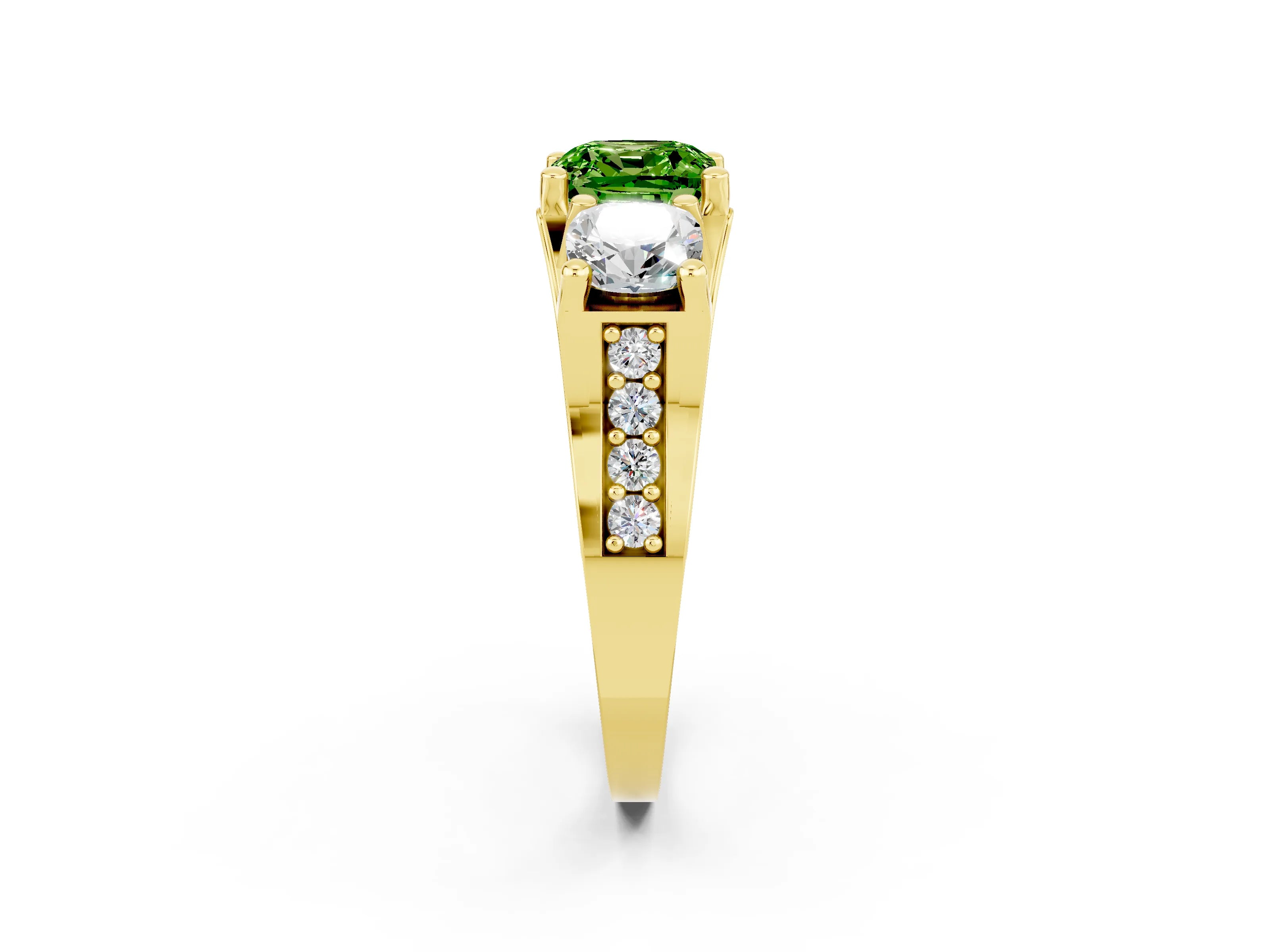 Yellow gold Cushion Cut Peridot Three-Stone Ring with Channel Set Band and Four-Prong Setting_2