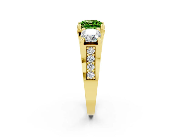 Yellow gold Cushion Cut Peridot Three-Stone Ring with Channel Set Band and Four-Prong Setting