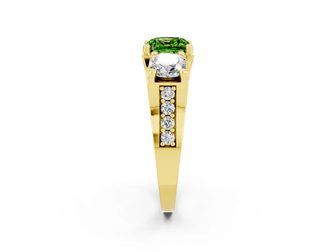 Yellow gold Cushion Cut Peridot Three-Stone Ring with Channel Set Band and Four-Prong Setting_2
