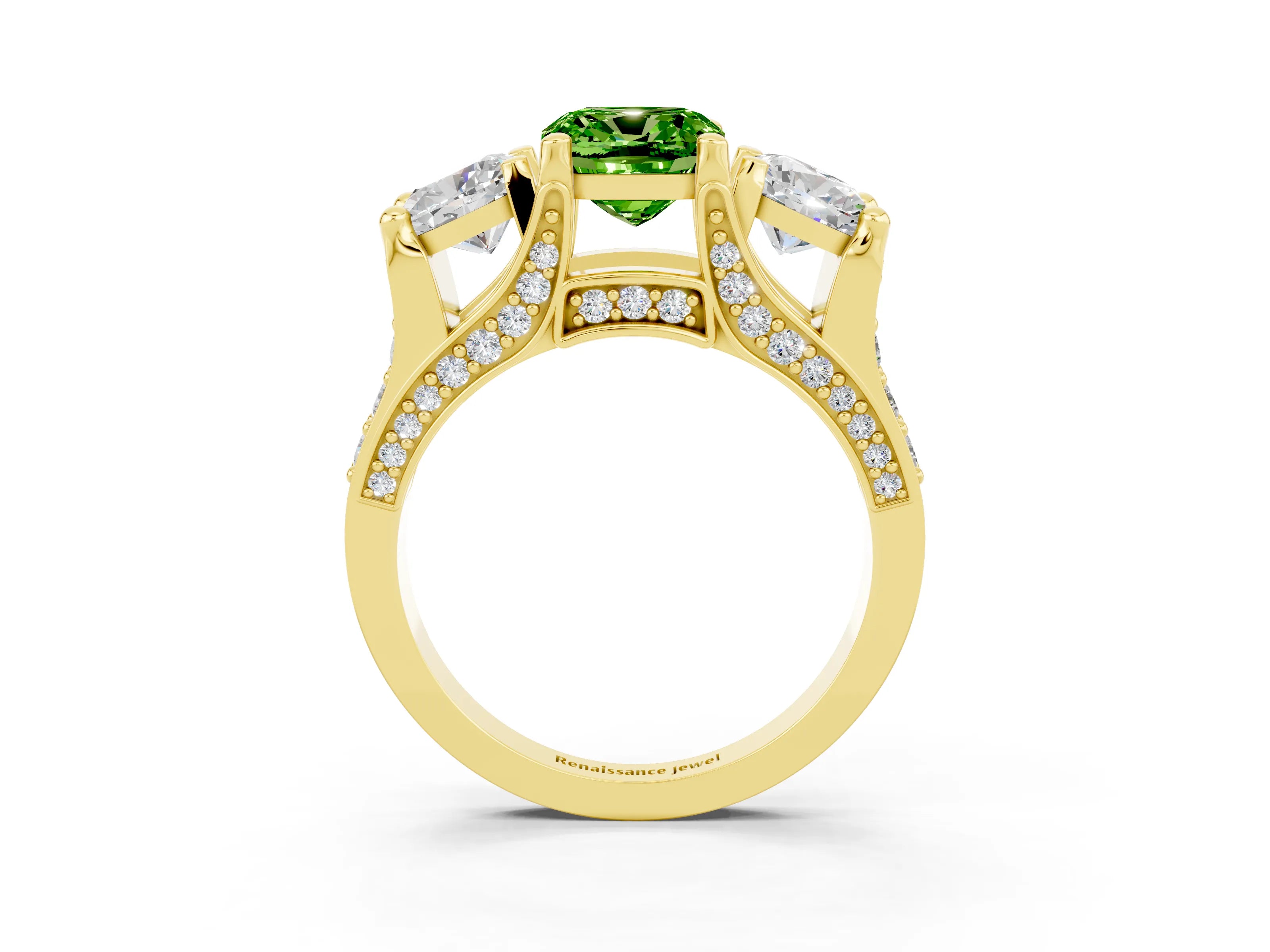 Yellow gold Cushion Cut Peridot Three-Stone Ring with Channel Set Band and Four-Prong Setting_3