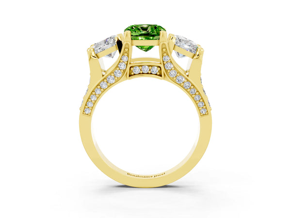 Yellow gold Cushion Cut Peridot Three-Stone Ring with Channel Set Band and Four-Prong Setting