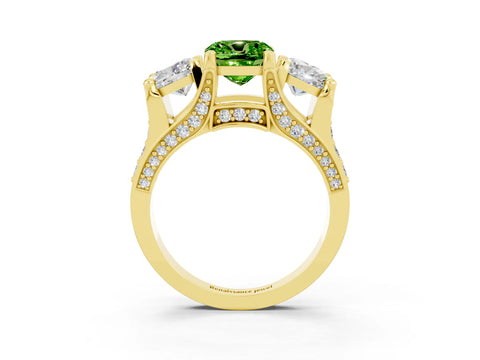 Yellow gold Cushion Cut Peridot Three-Stone Ring with Channel Set Band and Four-Prong Setting_3