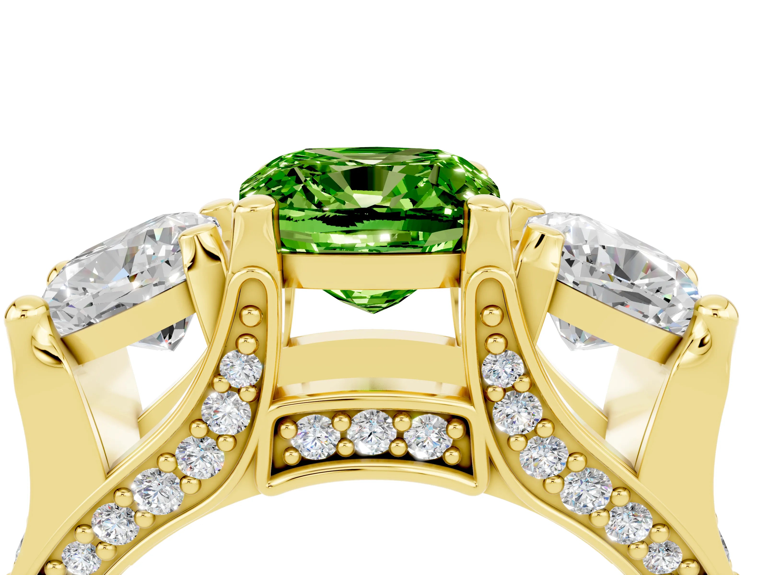 Yellow gold Cushion Cut Peridot Three-Stone Ring with Channel Set Band and Four-Prong Setting_4