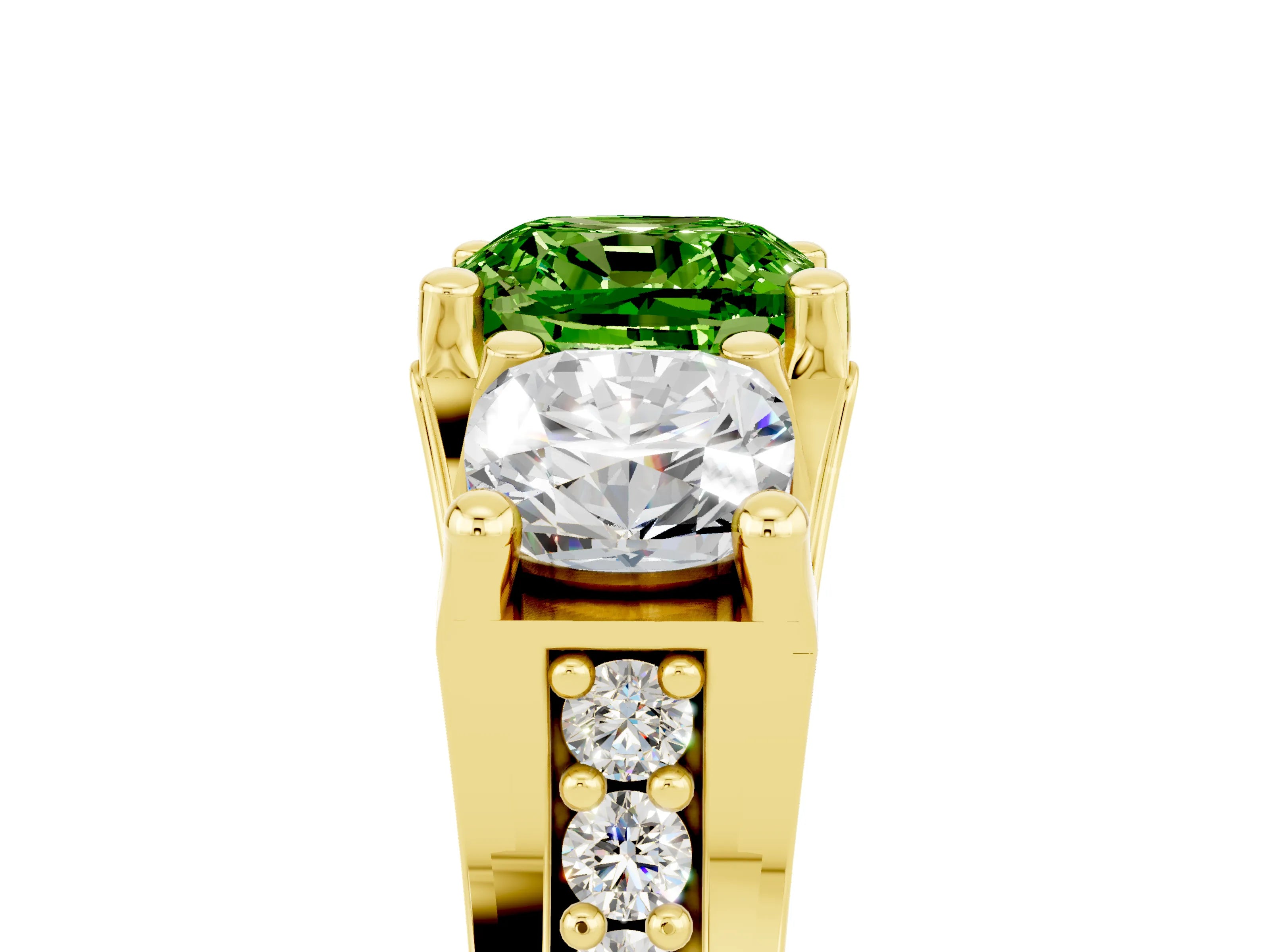 Yellow gold Cushion Cut Peridot Three-Stone Ring with Channel Set Band and Four-Prong Setting_5