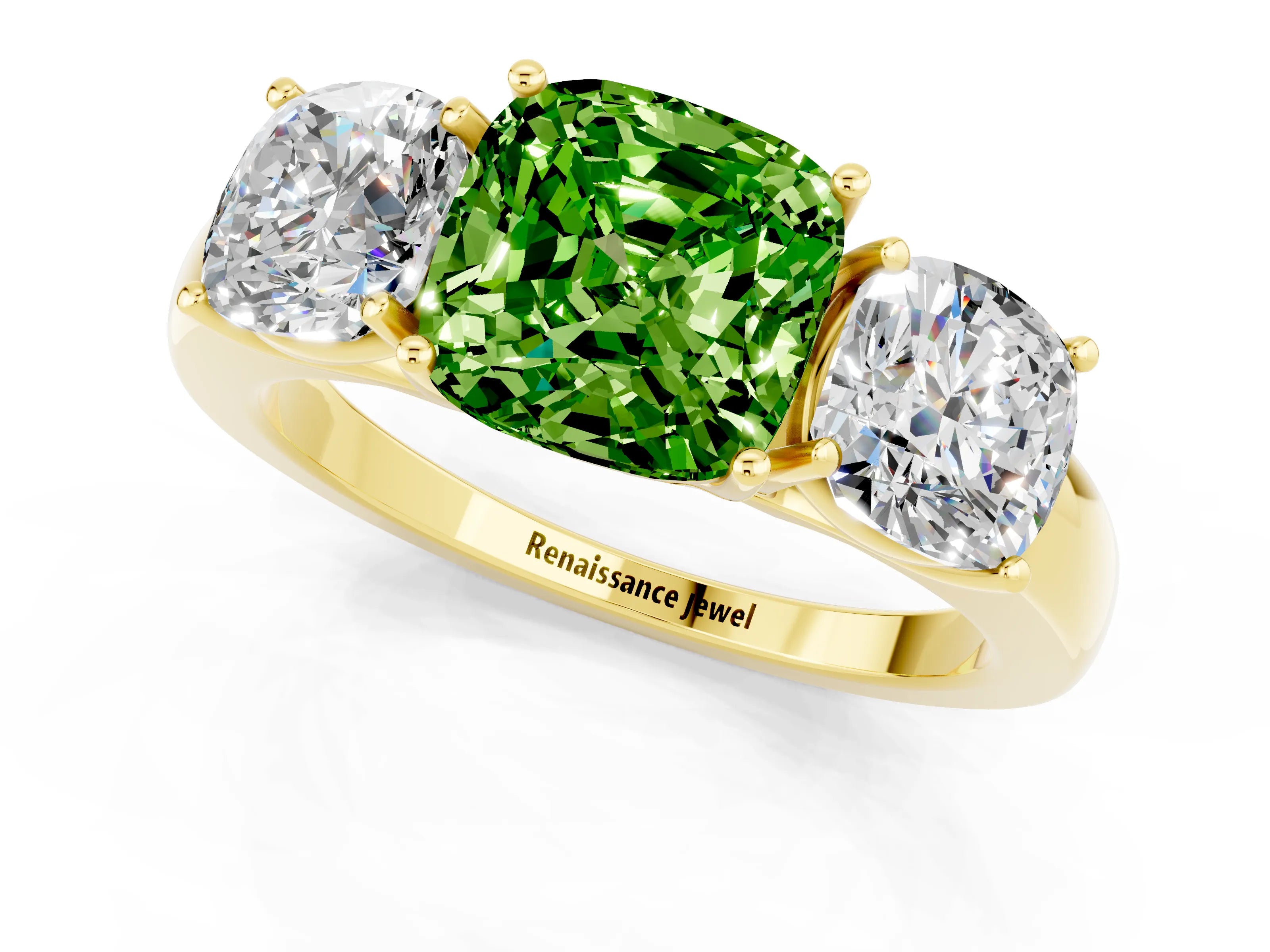 Yellow gold Cushion Cut Peridot Three-Stone Ring with Four-Prong Setting and Classic Band_1