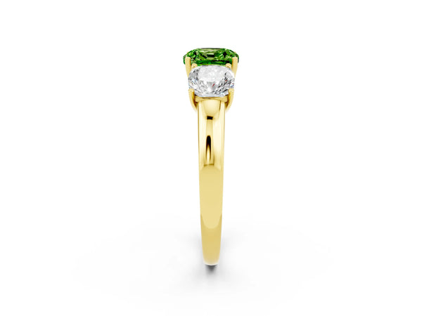 Yellow gold Cushion Cut Peridot Three-Stone Ring with Four-Prong Setting and Classic Band