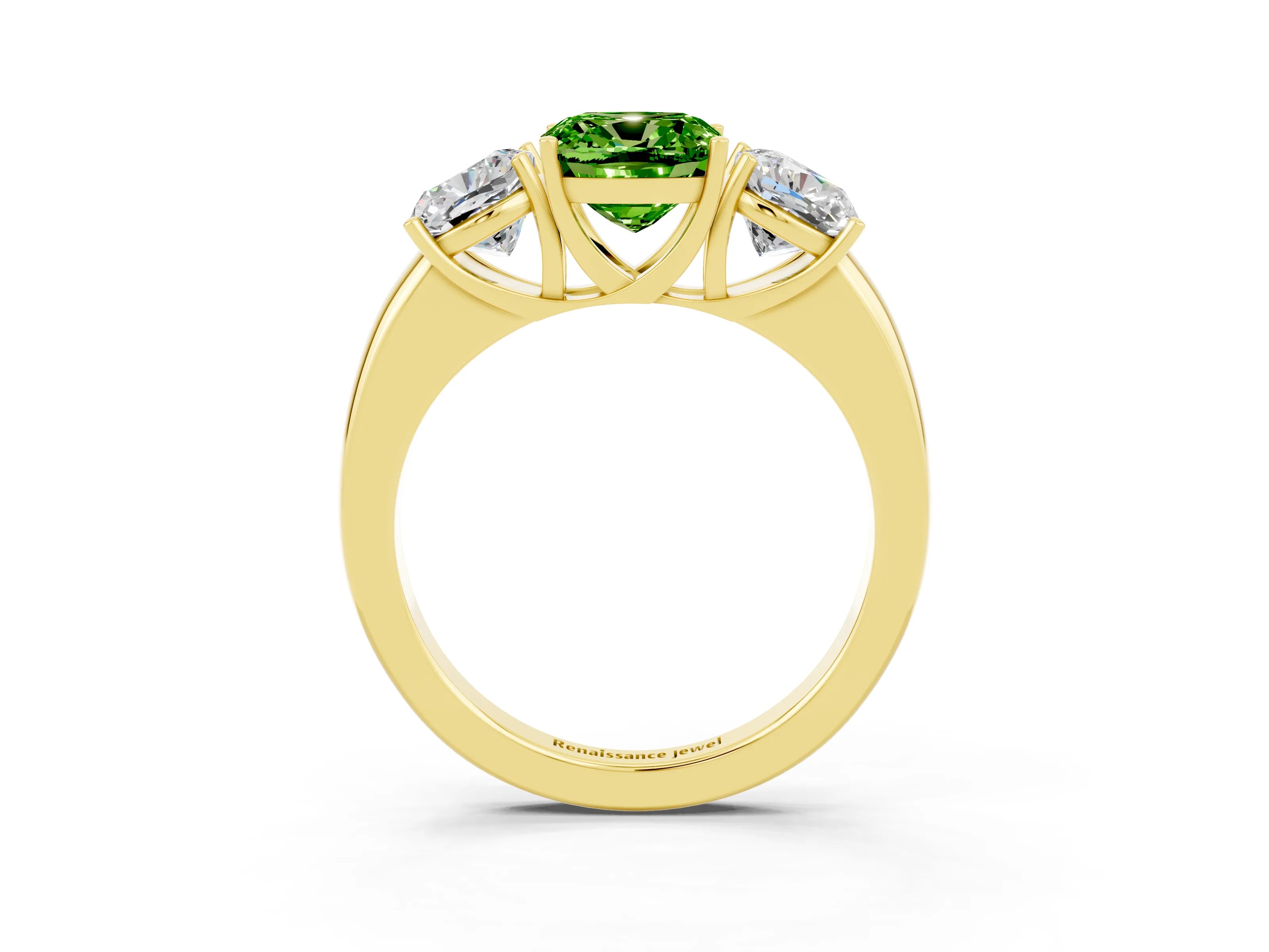 Yellow gold Cushion Cut Peridot Three-Stone Ring with Four-Prong Setting and Classic Band_3