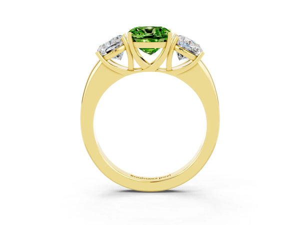 Yellow gold Cushion Cut Peridot Three-Stone Ring with Four-Prong Setting and Classic Band