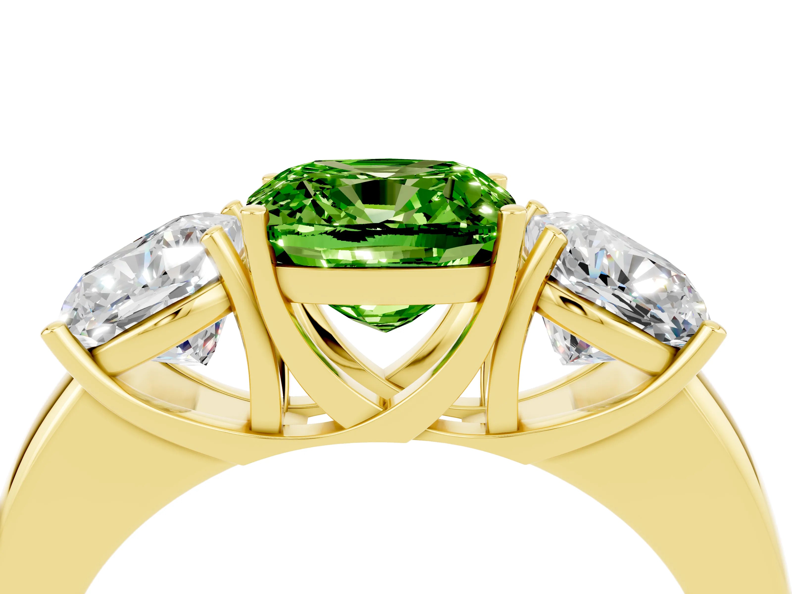 Yellow gold Cushion Cut Peridot Three-Stone Ring with Four-Prong Setting and Classic Band_4