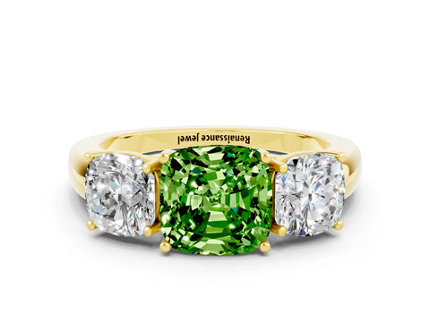 Yellow gold Cushion Cut Peridot Three-Stone Ring with Four-Prong Setting and Classic Band