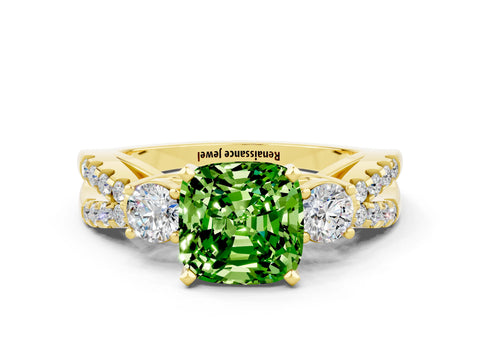 Yellow gold Cushion Cut Peridot Three-Stone Ring with Pavé Split Shank and Four-Prong Setting_12