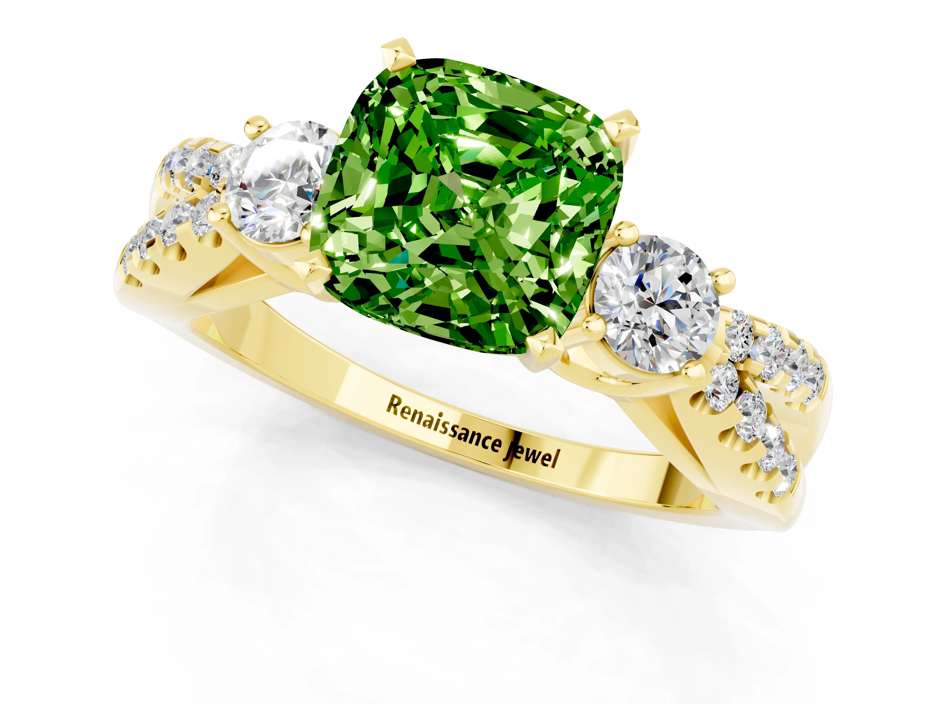 Yellow gold Cushion Cut Peridot Three-Stone Ring with Pavé Split Shank and Four-Prong Setting_13