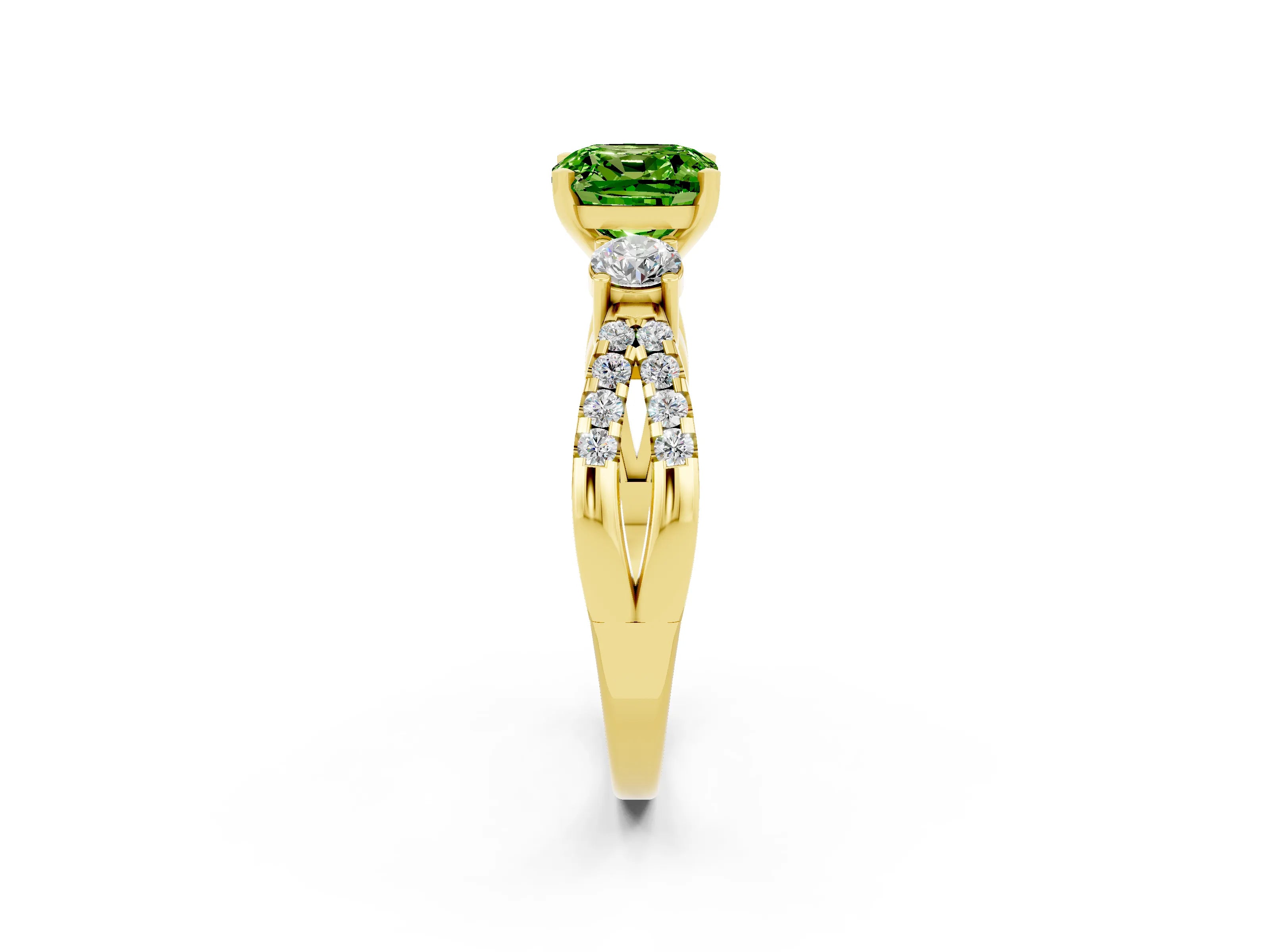 Yellow gold Cushion Cut Peridot Three-Stone Ring with Pavé Split Shank and Four-Prong Setting_14