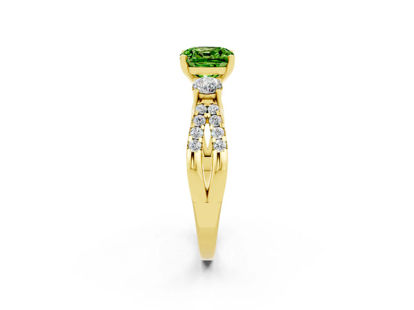 Yellow gold Cushion Cut Peridot Three-Stone Ring with Pavé Split Shank and Four-Prong Setting