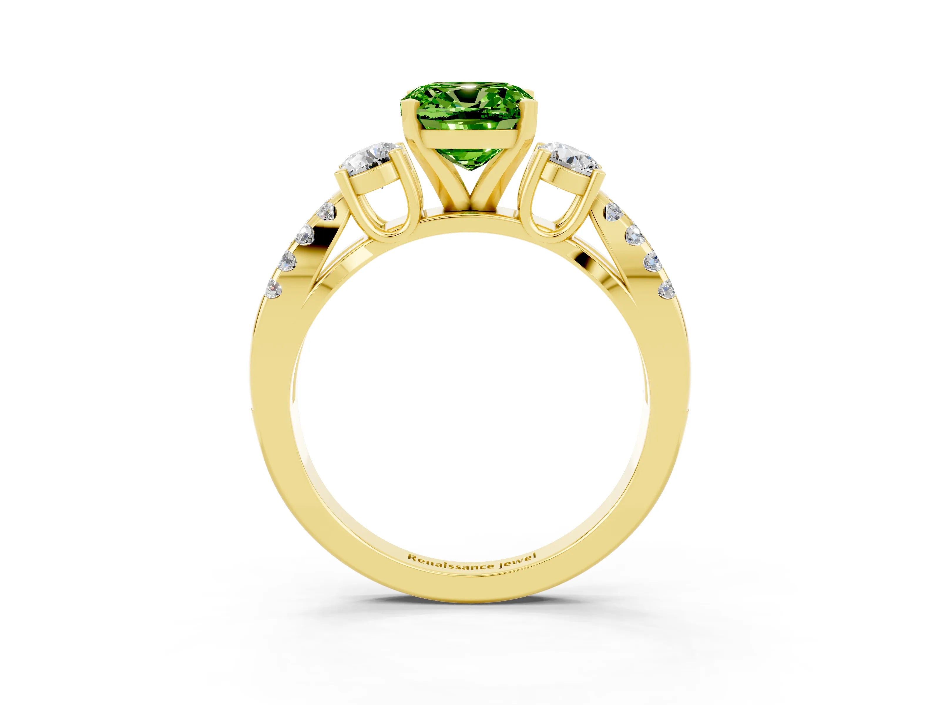 Yellow gold Cushion Cut Peridot Three-Stone Ring with Pavé Split Shank and Four-Prong Setting_15