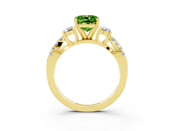 Yellow gold Cushion Cut Peridot Three-Stone Ring with Pavé Split Shank and Four-Prong Setting