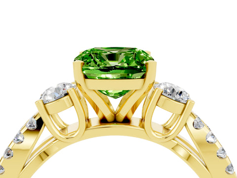 Yellow gold Cushion Cut Peridot Three-Stone Ring with Pavé Split Shank and Four-Prong Setting_16
