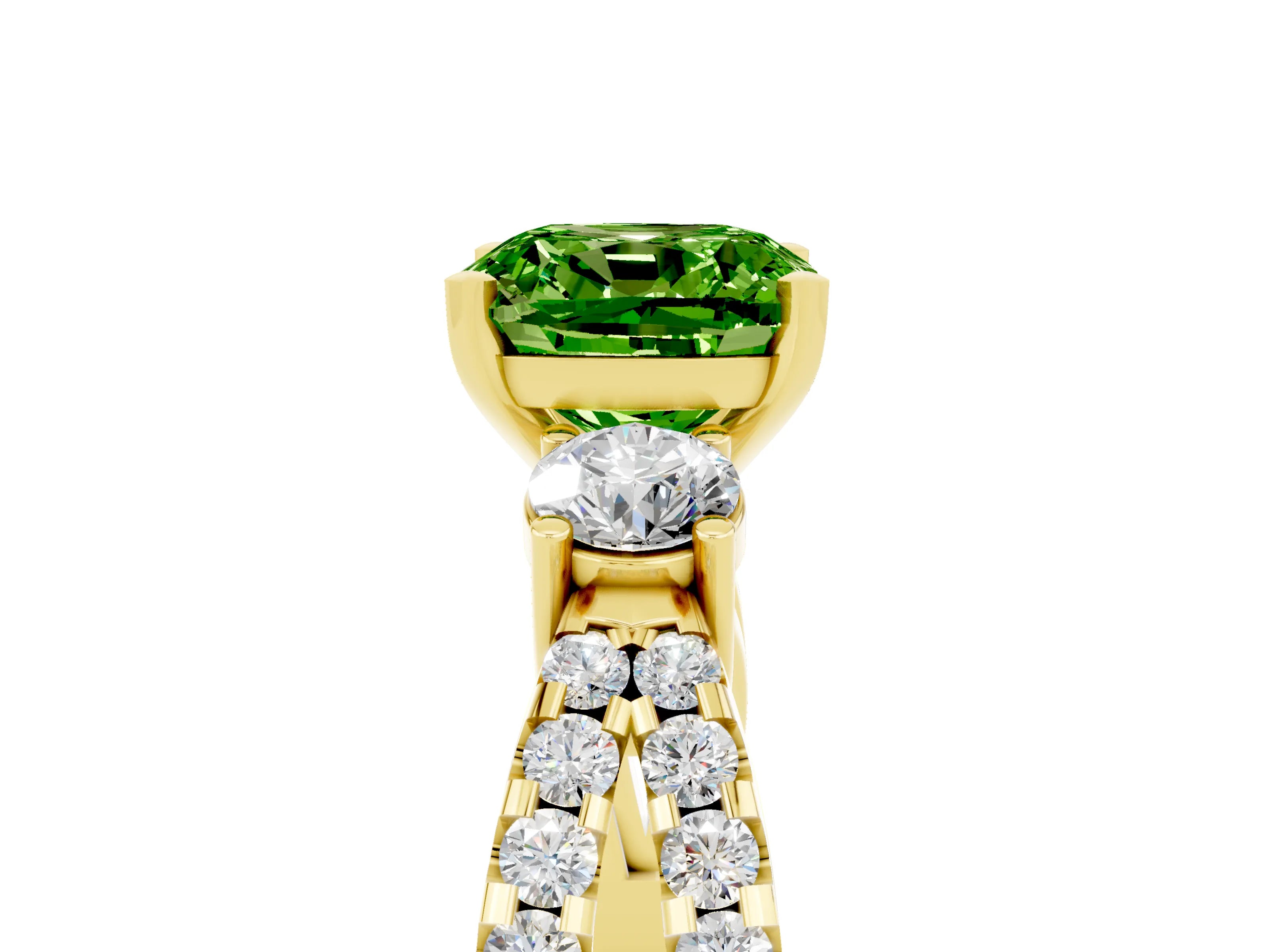 Yellow gold Cushion Cut Peridot Three-Stone Ring with Pavé Split Shank and Four-Prong Setting_17